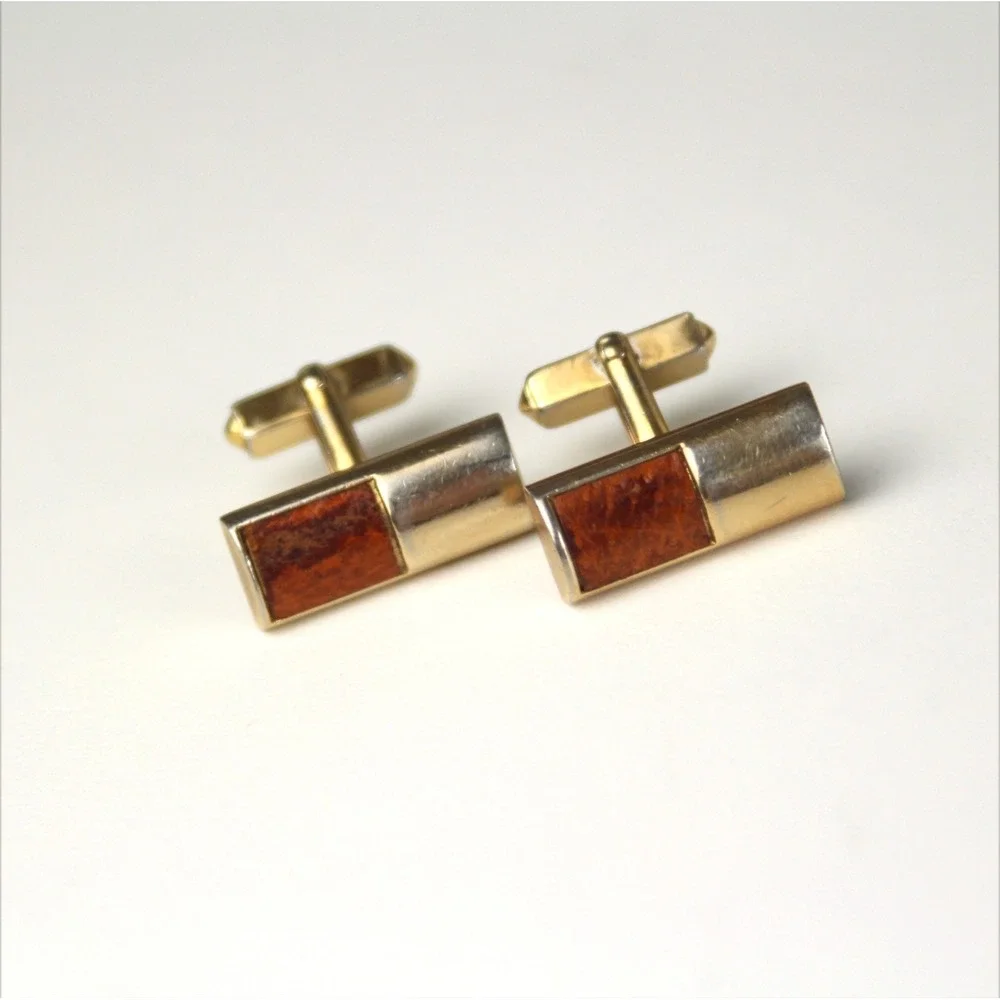 Swank Mens CuffLinks Men's Gold‎ Tone Brown Leather 7/8